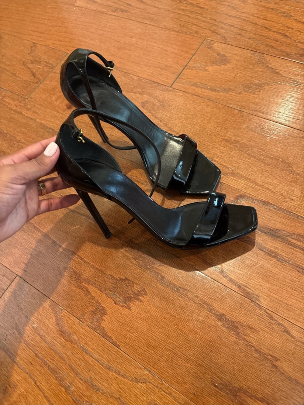 Yves Saint Laurent Black Patent Square-Toe Stiletto Sandals